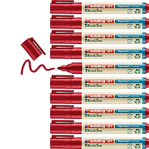 edding 31 EcoLine Flipchartmarker - rot - 10 Stifte - Rundspitze 1,5-3 mm - zum Schreiben, Zeichnen auf Flipcharts - Tinte schlägt nicht durch Papier - trocknet nicht aus - nachfüllbar von edding