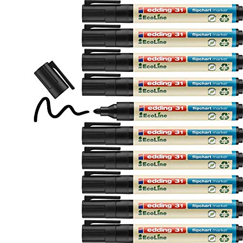 edding 31 EcoLine Flipchartmarker - schwarz - 10 Stifte - Rundspitze 1,5-3 mm - zum Schreiben, Zeichnen auf Flipcharts - Tinte schlägt nicht durch Papier - trocknet nicht aus - nachfüllbar von edding