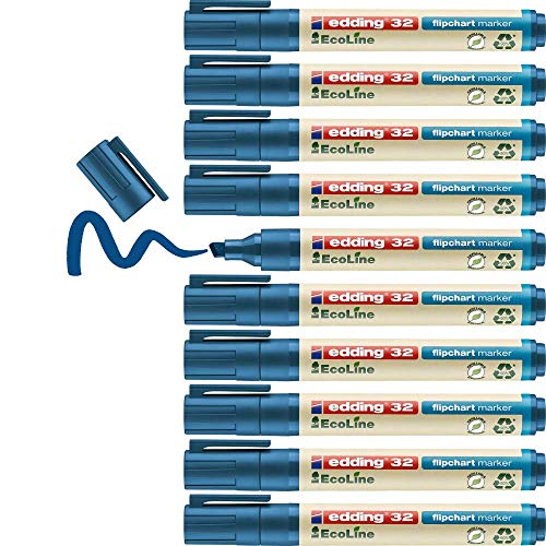 edding 32 EcoLine Flipchartmarker - blau - 10 Stifte - Keilspitze 1-5 mm - zum Schreiben, Zeichnen auf Flipcharts - Tinte schlägt nicht durch Papier - trocknet nicht aus - nachfüllbar von edding