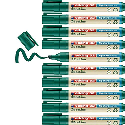 edding 32 EcoLine Flipchartmarker - grün - 10 Stifte - Keilspitze 1-5 mm - zum Schreiben, Zeichnen auf Flipcharts - Tinte schlägt nicht durch Papier - trocknet nicht aus - nachfüllbar von edding