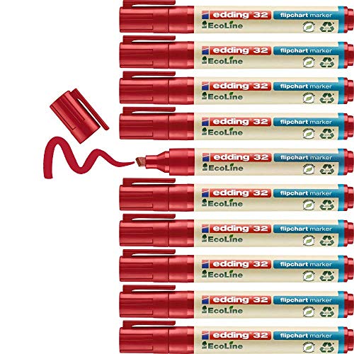 edding 32 EcoLine Flipchartmarker - rot - 10 Stifte - Keilspitze 1-5 mm - zum Schreiben, Zeichnen auf Flipcharts - Tinte schlägt nicht durch Papier - trocknet nicht aus - nachfüllbar von edding
