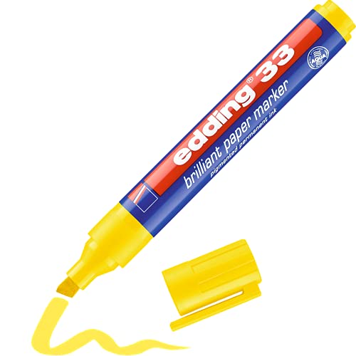edding 33 Brillant-Papiermarker - gelb - 1 Permanent Marker wasserfest - Rundspitze 1,5-3 mm - leuchtende Farben - lichtbeständige Markierung auf Papier, Karton, Kunststoff, Metall oder Glas von edding