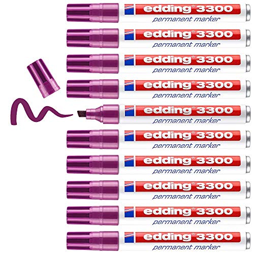 edding 3300 Permanentmarker - rot-violett (lila) - 10 Stifte - Keil-Spitze 1,5-3 mm - schnell trocknend, wasserfest, wischfest - für Karton, Kunststoff, Holz, Metall - Universalmarker von edding