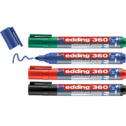 edding 360 Whiteboardmarker - bunte Farben - 4 Whiteboard Stifte - Rundspitze 1,5-3 mm - Boardmarker abwischbar - für Whiteboard, Flipchart, Magnettafel, Memoboard - Sketchnotes - nachfüllbar von edding