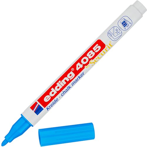 edding 4085 Kreidemarker - hellblau - 1 Kreidestift - Rundspitze 1-2 mm - dünner Kreidestift für Tafel abwischbar - zum Beschriften von Fenster, Glas, Spiegel - Tafelstift mit deckenden Farben von edding