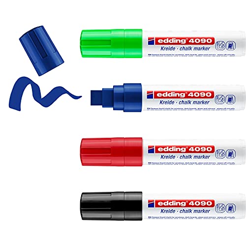 edding 4090 Kreidemarker Set - schwarz, rot, blau, grün (basic)- 4 Kreidestifte - Keilspitze 4-15 mm - Kreidestift für Tafel abwischbar - für Fenster, Glas, Spiegel - Tafelstift mit deckenden Farben von edding