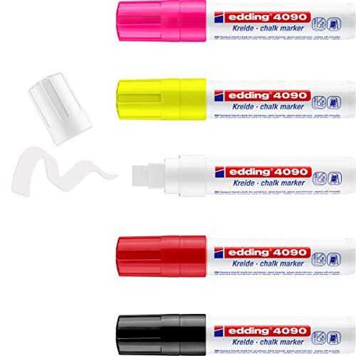 edding 4090 Kreidemarker - bunte Farben (basic) - 5 Stifte - Keilspitze 4-15mm - breiter Kreidestift für Tafel abwischbar - zum Beschriften von Fenster, Glas, Spiegel - Tafelstift mit deckenden Farben von edding