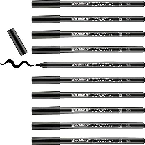 edding 4200 Porzellanpinselstift - schwarz - 10 Stifte - Pinselspitze 1-4 mm - Filzstift zum Beschriften u. Dekorieren von Keramik, Porzellan - spülmaschinenfest, lichtechte Tinte, schnell trocknend von edding