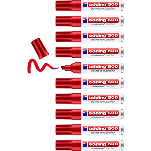 edding 500 Permanentmarker - rot - 10 Stifte - Keil-Spitze 2-7 mm - wasserfest, schnell-trocknend - wischfest - für Karton, Kunststoff, Holz, Metall, Glas von edding
