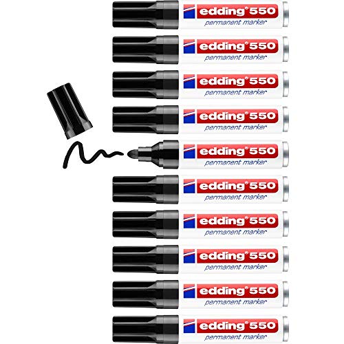 edding 550 Permanentmarker - schwarz - 10 Stifte - Rundspitze 3-4 mm - wasserfest, schnell-trocknend - wischfest - für Karton, Kunststoff, Holz, Metall, Glas von edding