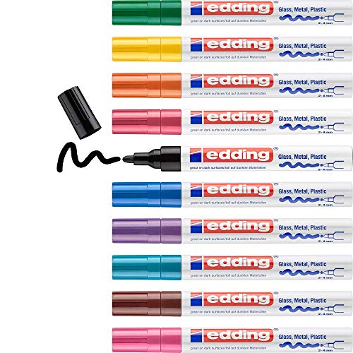 edding 750 Glanzlackmarker Set - mehrfarbig - 10 bunte Lackmarker - Rundspitze 2-4 mm - Lackstift für Glas, Stein, Holz, Kunststoff und Papier - wasserfest, stark deckend, 10er Pack von edding