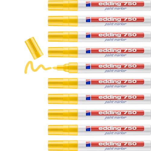 edding 750 Lackmarker - gelb - 10 Stifte - Rundspitze 2-4 mm - Lackstift zur Markierung und Beschriftung von Metall, Glas, Stein oder Kunststoff - hitzebeständig, permanent, wisch- und wasserfest von edding