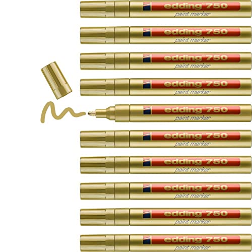 edding 750 Lackmarker - gold - 10 Stifte - Rundspitze 2-4 mm - Lackstift zur Markierung und Beschriftung von Metall, Glas, Stein oder Kunststoff - hitzebeständig, permanent, wisch- und wasserfest von edding