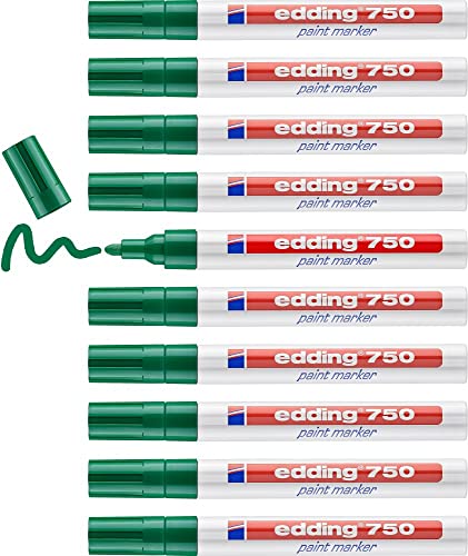 edding 750 Lackmarker - grün - 10 Stifte - Rundspitze 2-4 mm - Lackstift zur Markierung und Beschriftung von Metall, Glas, Stein oder Kunststoff - hitzebeständig, permanent, wischfest von edding