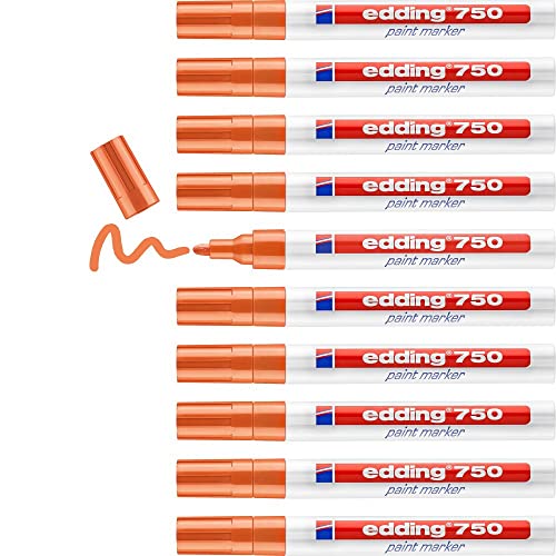 edding 750 Lackmarker - orange - 10 Stifte - Rundspitze 2-4 mm - Lackstift zur Markierung und Beschriftung von Metall, Glas, Stein oder Kunststoff - hitzebeständig, permanent, wisch- und wasserfest von edding