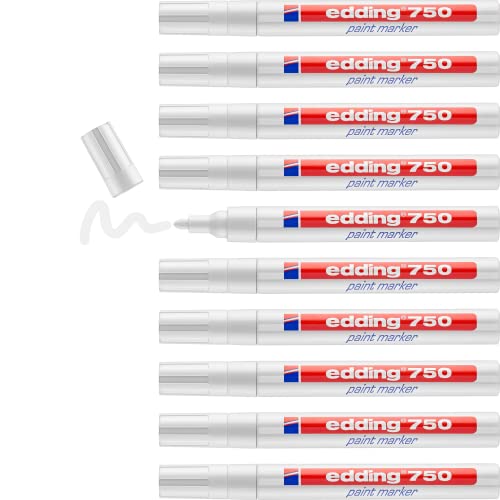 edding 750 Lackmarker - weiß - 10 Stifte - Rundspitze 2-4 mm - Lackstift zur Markierung und Beschriftung von Metall, Glas, Stein oder Kunststoff - hitzebeständig, permanent, wisch- und wasserfest von edding