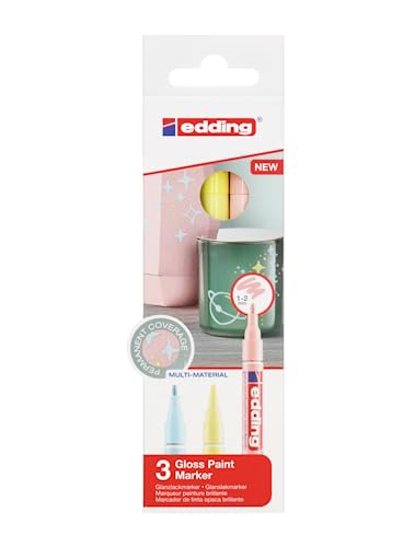 edding 751 Glanzlackmarker - gelb, rosa, blau (pastell) - 3er Set Lackmarker - Rundspitze 1-2 mm - Lackstift für Glas, Stein, Holz, Kunststoff und Papier - wasserfest, stark deckend von edding