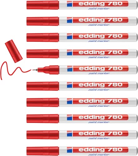 edding 780 Lackmarker - rot - 10 Stifte - Rundspitze 0,8 mm - Lackstift zur Markierung und Beschriftung von Metall, Glas, Stein oder Kunststoff - hitzebeständig, permanent, wischfest von edding