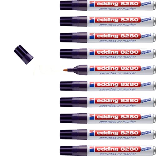 edding 8280 Securitas UV Marker - farblos - 10 Stifte - Rundspitze 1.5-3 mm - Schwarzlichtmarker - zum versteckten Markieren von Fast Allen Materialien- Unsichtbares Schreiben, Geheimstift von edding