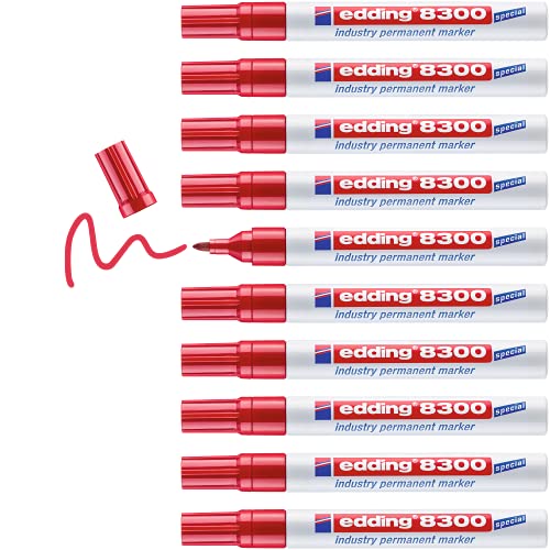 edding 8300 Industrie Permanentmarker - rot - 10 Stifte - Rundspitze 1,5-3 mm - zum permanenten Markieren von leicht öligen und staubigen Oberflächen von edding