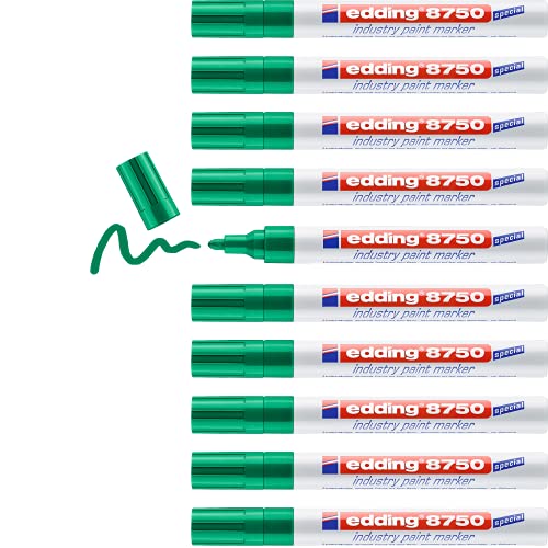 edding 8750 Industry Lackmarker - grün - 10 Stifte - Rundspitze 2-4 mm - Lackmarker zum Schreiben auf staubigen, leicht öligen Oberflächen, Reifen, Metall, Glas und Holz - permanent, wasserfest von edding