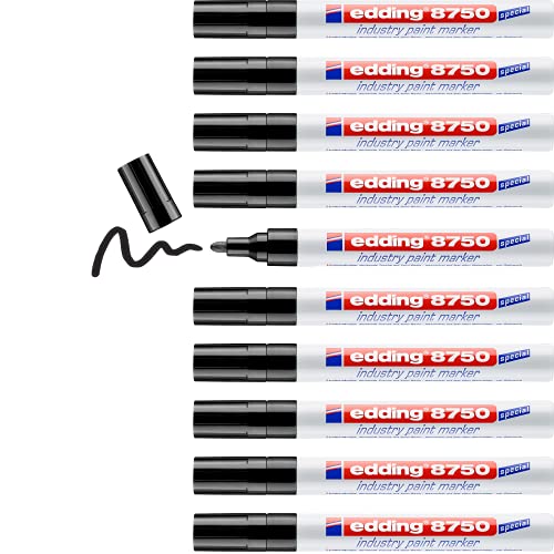 edding 8750 Industry Lackmarker - schwarz - 10 Stifte - Rundspitze 2-4 mm - Lackmarker zum Schreiben auf staubigen, leicht öligen Oberflächen, Reifen, Metall, Glas und Holz - permanent, wasserfest von edding