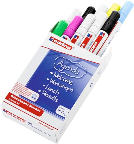 edding 90 Glasboardmarker - bunte Farben - 10 Glasboard Stifte - Rundspitze 2-3 mm - Fensterstift abwaschbar - zum Schreiben und Markieren auf Glasoberflächen, Fenster, Glasboards - trocken abwischbar von edding