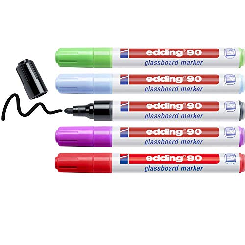 edding 90 Glaspinnmarker – zum Beschriften und Markieren auf allen Glasflächen – nicht permanent und trocken abwischbar – 5er Packung – farbig sortiert von edding