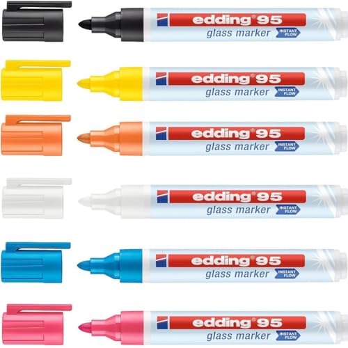 edding 95 Glasmarker - bunte Farben - 6 Stifte - Rundspitze 1,5-3 mm - zum Schreiben und Markieren auf Glasoberflächen wie Fenster, Glasboards, Whiteboards - trocken abwischbar edding 95 Glasmarker - bunte Farben - 6 Stifte - Rundspitze 1,5-3 mm - zum Schreiben und Markieren auf Glasoberflächen wie Fenster, Glasboards, Whiteboards - trocken abwischbar von edding