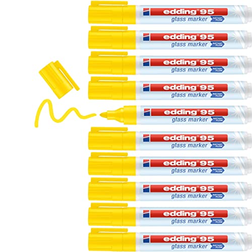 edding 95 Glasmarker - gelb - 10 Stifte - Rundspitze 1,5-3 mm - zum Schreiben und Markieren auf Glasoberflächen wie Fenster, Glasboards, Whiteboards - trocken abwischbar von edding