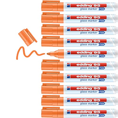 edding 95 Glasmarker - orange - 10 Stifte - Rundspitze 1,5-3 mm - zum Schreiben und Markieren auf Glasoberflächen wie Fenster, Glasboards, Whiteboards - trocken abwischbar von edding