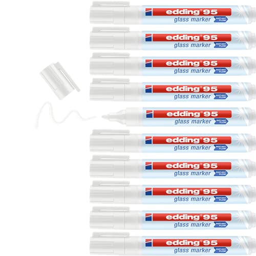 edding 95 Glasmarker - weiß - 10 Stifte - Rundspitze 1,5-3 mm - zum Schreiben und Markieren auf Glasoberflächen wie Fenster, Glasboards, Whiteboards - trocken abwischbar von edding