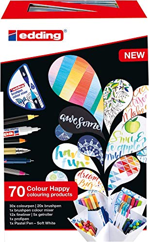 edding Colour Happy Big Box - 70er Set - Pinselstifte, Fasermaler, Gelroller, Pastellstift, Fineliner - Farbmixer für Farbverläufe - großes Set - fürs Zeichnen, Malen, Hand-Lettering, Bullet-Journals von edding