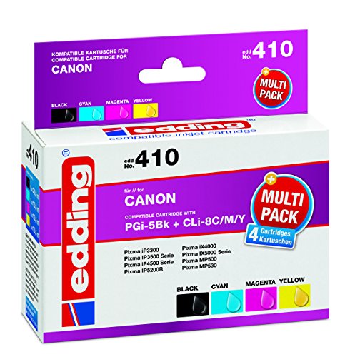 edding Druckerpatrone EDD-410 - Multipack 4 - Schwarz, Cyan, Magenta, Gelb - 1x 26,5 ml + 3x 15,5 ml - Reichweite 1x 565, 3x 965 Seiten - Ersetzt Canon PGI-5BK/CLI-8C/M/Y von edding