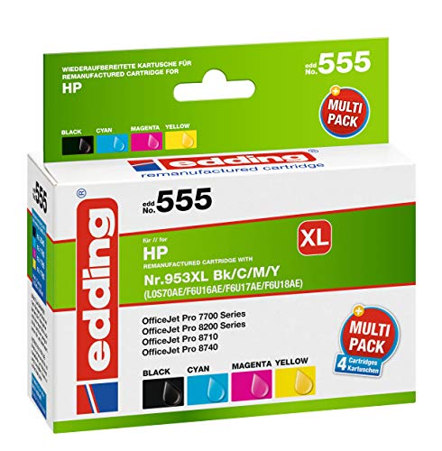edding Druckerpatrone EDD-555 - Multipack 4 - Schwarz, Cyan, Magenta, Gelb - 1x 53 ml + 3x 26 ml - Reichweite 1x 2045 3x 1765 Seiten - Ersetzt HP 953XL (L0S70/F6U16/F6U17/F6U18) von edding