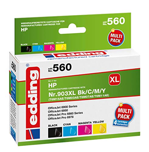 edding Druckerpatrone EDD-560 - Multipack 4 - Schwarz, Cyan, Magenta, Gelb - 1x 30 ml + 3x 12 ml - Reichweite 1x 950 3x 850 Seiten - Ersetzt HP 903XL (T6M15/T6M03/T6M07/T6M11) von edding