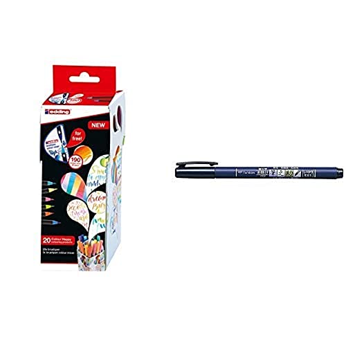 edding Set mit 21 Teilen (20 Pinselstifte edding 1340 mit Farbmixer) - Colour Happy Set S20+1 - Ideal zum Zeichnen & Tombow WS-BH Brush Pen Fudenosuke, harte Spitze, schreibfarbe schwarz von edding