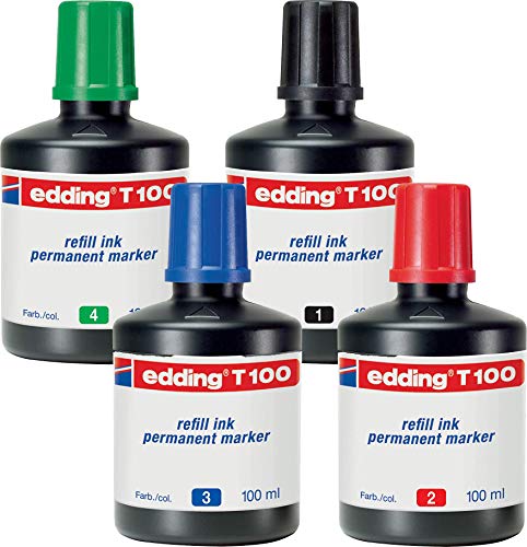 edding T100 Permanentmarker Nachfülltinte - Alle 4 Farben - Inhalt: 4x 100ml - Tusche für edding Permanent Marker (auch edding EcoLine) von edding