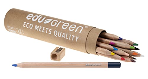 eduGREEN® - 16er-Set - 1 Kartonrolle mit 13 Buntstiften, 1 Stift (Graphit) mit 5 mm Qualitätsmine, 1 Holzspitzer, Holz aus zertifiziertem Anbau, Lack wasserlöslich, Prägefolie abbaubar von edu green