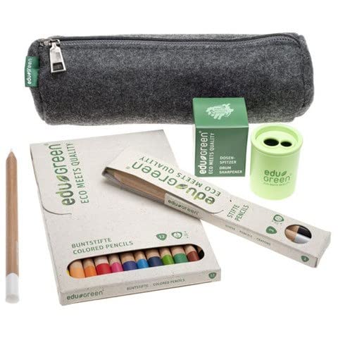 eduGREEN® – 18er-Set – 12 Buntstifte, 4 Stifte (Gold, Silber, Graphit, Weiß) mit Qualitätsmine in Graskarton-Schachtel. Inkl. Dosenspitzer und Filzschlamper aus recyceltem Filz von edu green