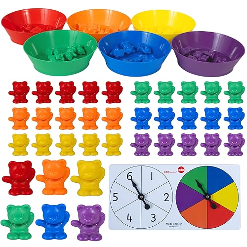 edxeducation Counting Bears mit passenden Schalen | Mathe Lernmittel | 68er Set | 60 Bärenzähler, 6 Schalen & 2 Drehscheiben | Zuhause lernen von edxeducation
