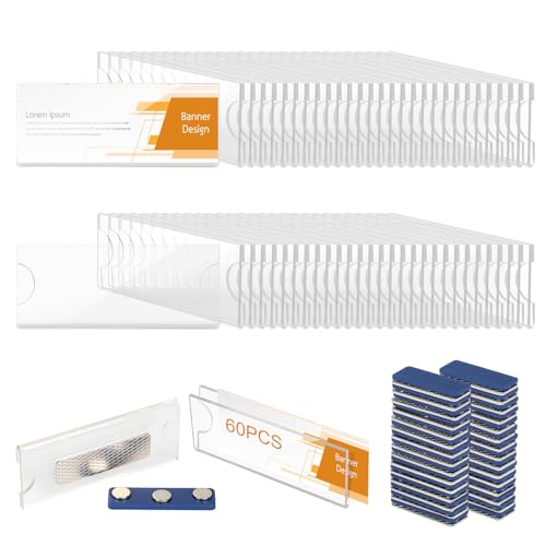 EFUTURETIME 60er-Set Namensschilder Magnetisch, 75 x 32 mm, Transparent Kunststoff Namensschild Magnet für Kleidung, Name Tag Magnet mit 3 Punkt starkem Magnet Selbstklebend von efuturetime