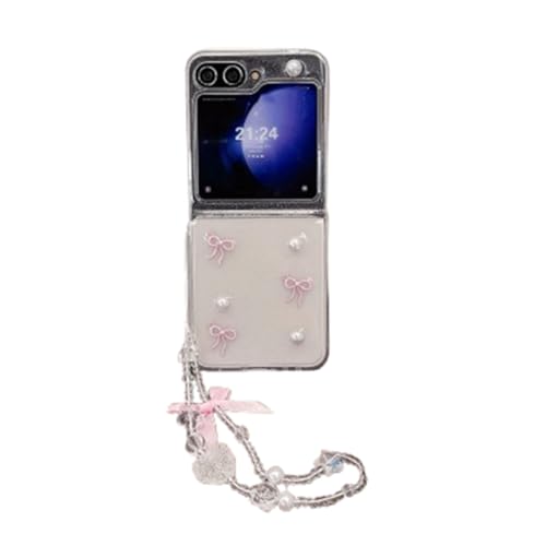eglixu Glänzende Schutzhülle für Samsung Galaxy Z Flip5/6, niedliches 3D-Schleifen-Design, transparente Handy-Schutzhülle für Galaxy Z Flip6 mit Perlen-Handgelenkkette für Damen und Mädchen (Z Flip 5 von eglixu