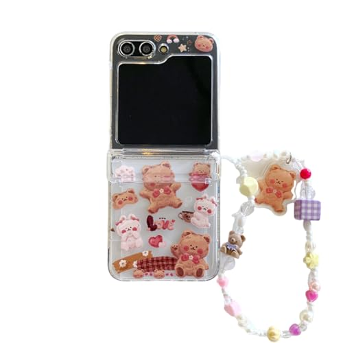 eglixu Kompatibel mit Samsung Galaxy Z Flip 6, niedlicher Bären-Druck, für Damen, Mädchen, Kawaii-Cartoon, transparente Handyhülle mit Perlen-Handgelenkkette von eglixu