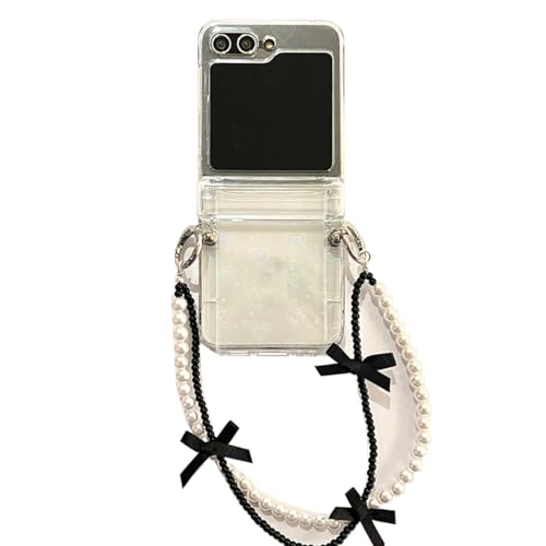 eglixu Niedliche Cartoon-Schutzhülle für Samsung Galaxy Z Flip 5, Kawaii, schönes glänzendes Muster, Handyhülle mit Perlenschleife, Armband für Mädchen und Frauen, Schwarz von eglixu
