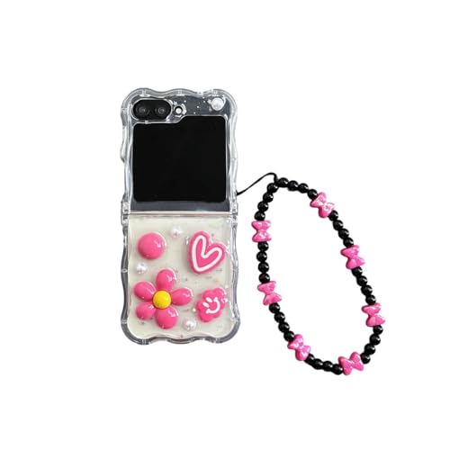 eglixu Niedliche Schutzhülle für Samsung Galaxy Z Flip 5/6, leicht, luxuriös, 3D-Liebesherz, Blumendesign, Galaxy Z Flip6, faltbare Handyhülle mit Handgelenkkette für Damen und Mädchen (Z Flip 6) von eglixu