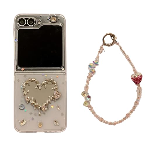eglixu Niedliche Schutzhülle für Samsung Galaxy Z Flip 5/6, leichtes luxuriöses 3D-Diamant-Design mit Herzspiegel, Galaxy Z Flip6, faltbare Handyhülle mit Handgelenkkette für Mädchen (Z Flip 6, mit von eglixu