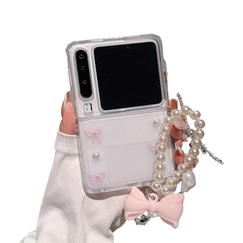 eglixu Niedliche frische blaue rosa Schleife Perle klare Handyhülle kompatibel mit Huawei Pura X, Anti-Fall mit Kette, Schutzhülle für Mädchen und Frauen (Rosa) von eglixu