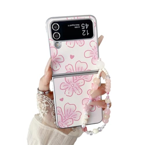 eglixu Schutzhülle für Samsung Galaxy Z Flip 4, niedliches Cartoon-Leder, rosa Blume, Liebe, ultradünn, stoßfest, für Mädchen und Frauen (mit Kette) von eglixu