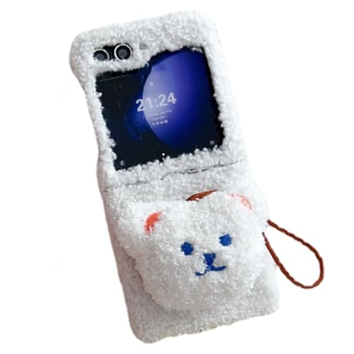 eglixu Schutzhülle für Samsung Galaxy Z Flip 5, Cartoon-Haarbär-Design, mit Handgelenkschlaufe, niedliche, lustige, flauschige, weiche Hülle für Z Flip 5 (weiß) von eglixu